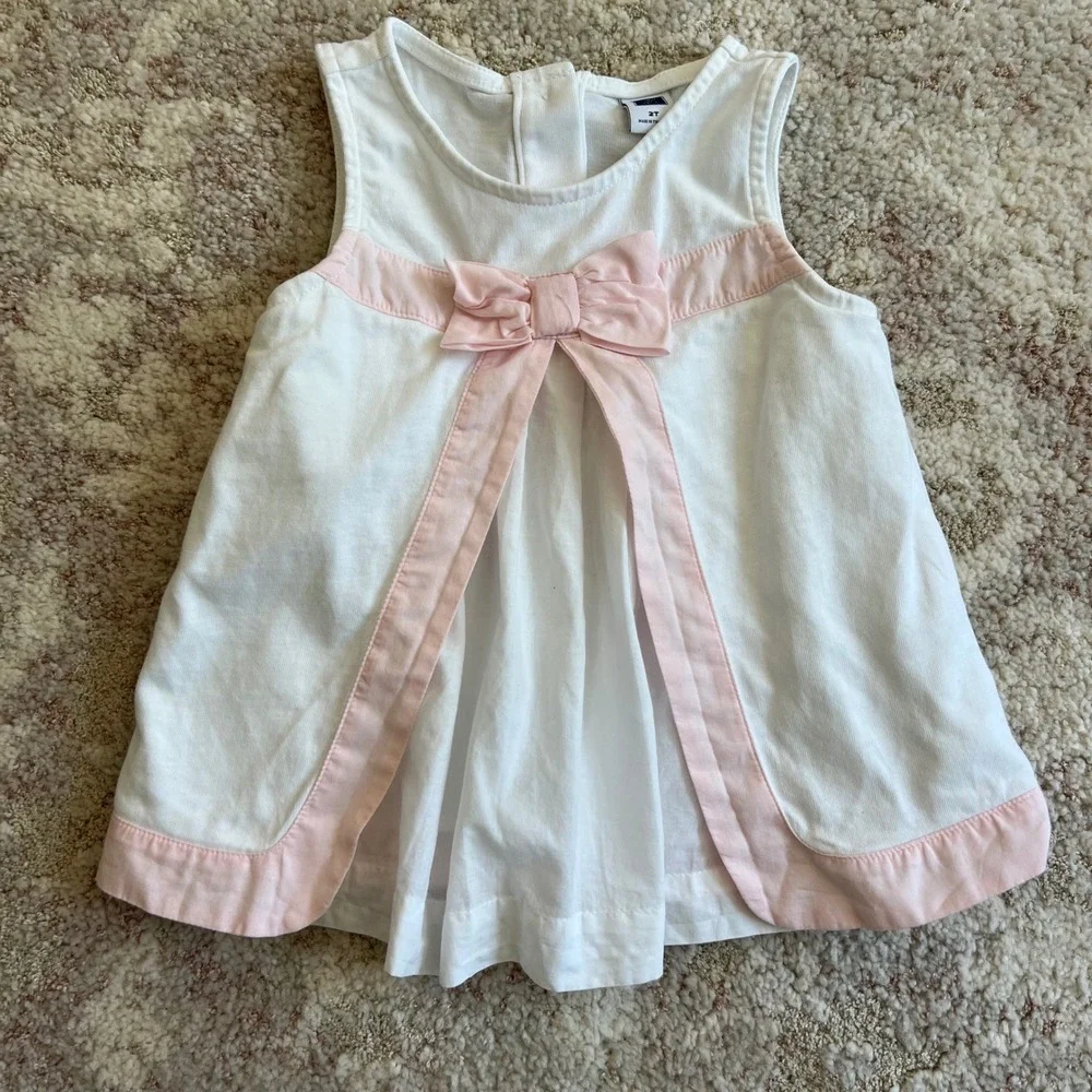Janie and‎ Jack White Pink Bow Tunic Top Sleeveless Button Back Cotton 2T